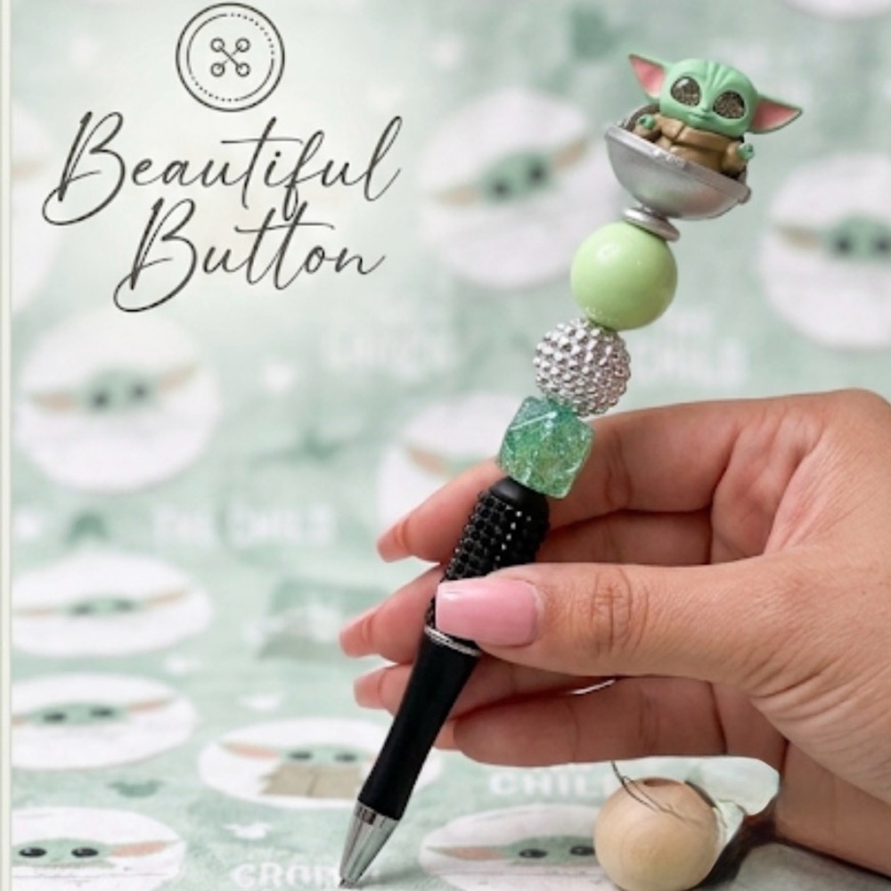 Custom made Green and Black Decorative Pen with Baby Yoda Topper